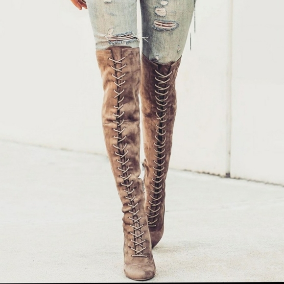 6.5 & 7 Taupe Faux Suede Chunky Lace Up Thigh High Boots - Picture 4 of 6